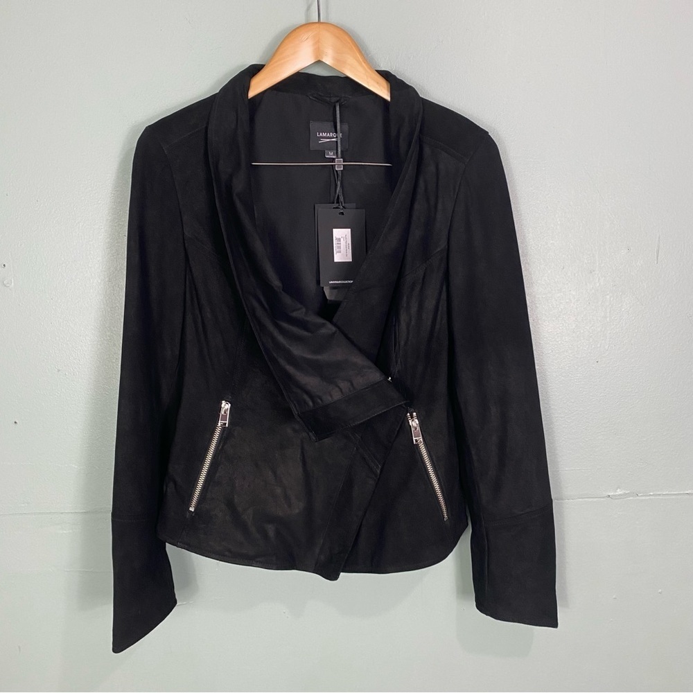 Lamarque Suede Fitted‎ Cowl Neck Jacket Leather Draped Slouchy Black Sz M